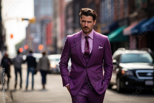 A stylish man in a vibrant purple suit strolling confidently on a bustling city street