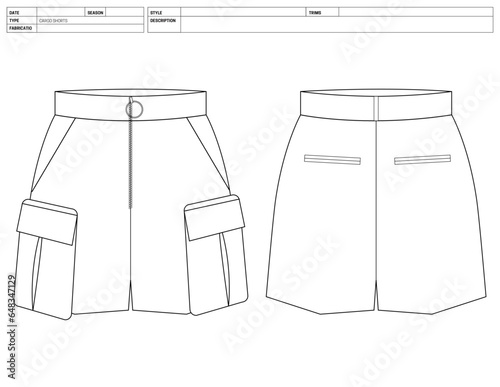 Customizable Shorts Vector Illustration, Pant Template, Flats Sketch, Clip Art Technical Fashion Flats Sketch High Quality Vector Outline, Dress Pants Adobe Illustrator, Cargo Shorts Technical Drawing