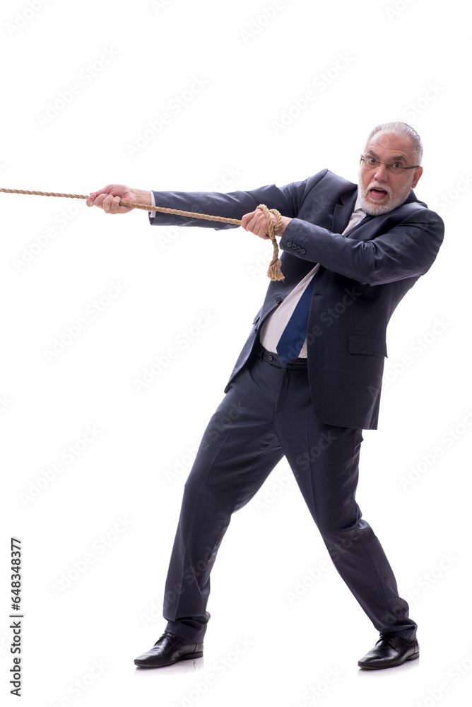 Old businessman with rope isolated on white Old businessman with rope isolated on white