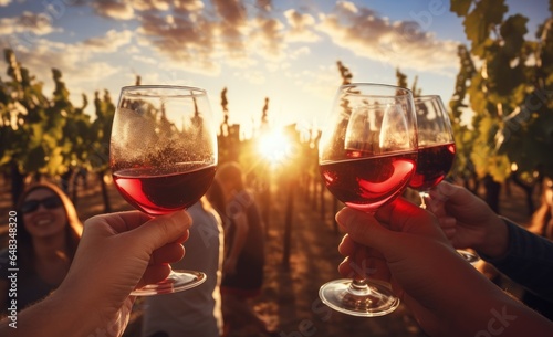 A group of people celebrating with glasses of red wine photo