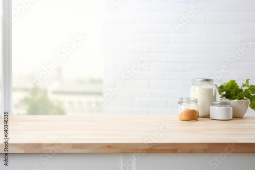 Close Up of Empty Wooden Kitchen Counter Top, Blurred Background in Modern White Kitchen for Food and Drink Mockups, Generative AI © HRTNT Media