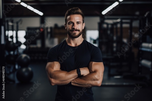 A man confidently posing in a gym with crossed arms