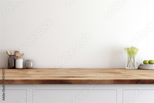 Close Up of Empty Wooden Kitchen Counter Top, Blurred Background in Modern White Kitchen for Food and Drink Mockups, Generative AI