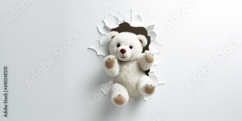 Cute Teddy Bear peeking out of a hole in wall, torn hole, empty copy space frame, mockup. Generative AI image weber.
