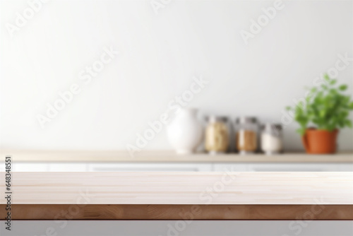 Close Up of Empty Wooden Kitchen Counter Top  Blurred Background in Modern White Kitchen for Food and Drink Mockups  Generative AI