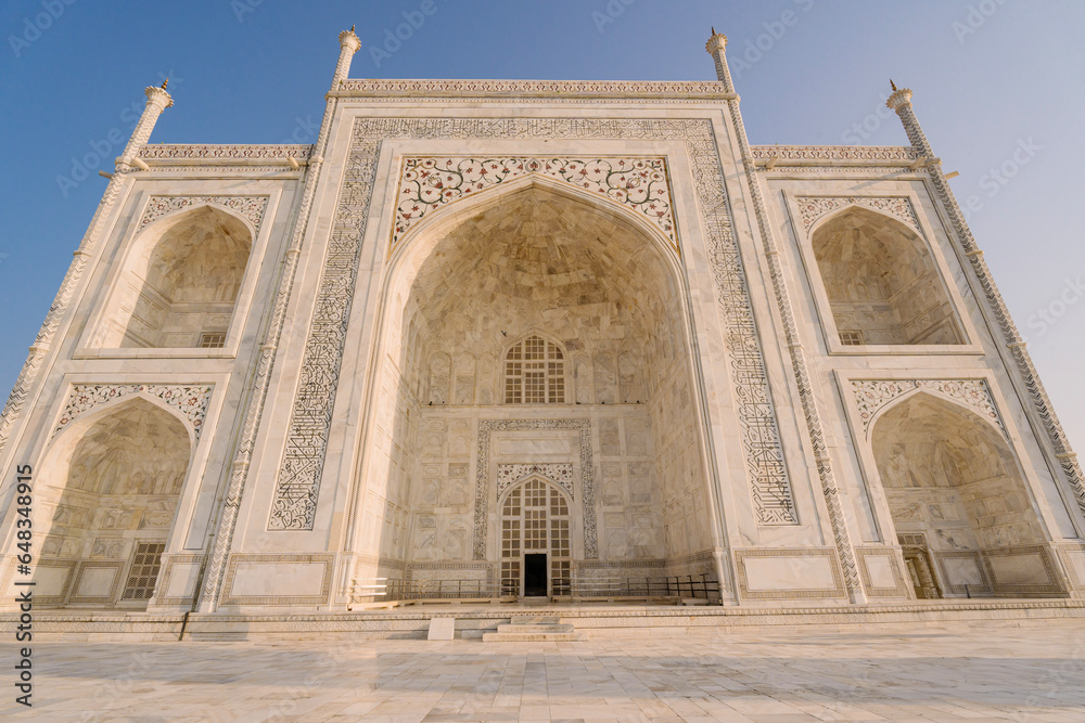 The architecture of the Taj Mahal temple, Agra, Uttar Pradesh, India is built of white marble