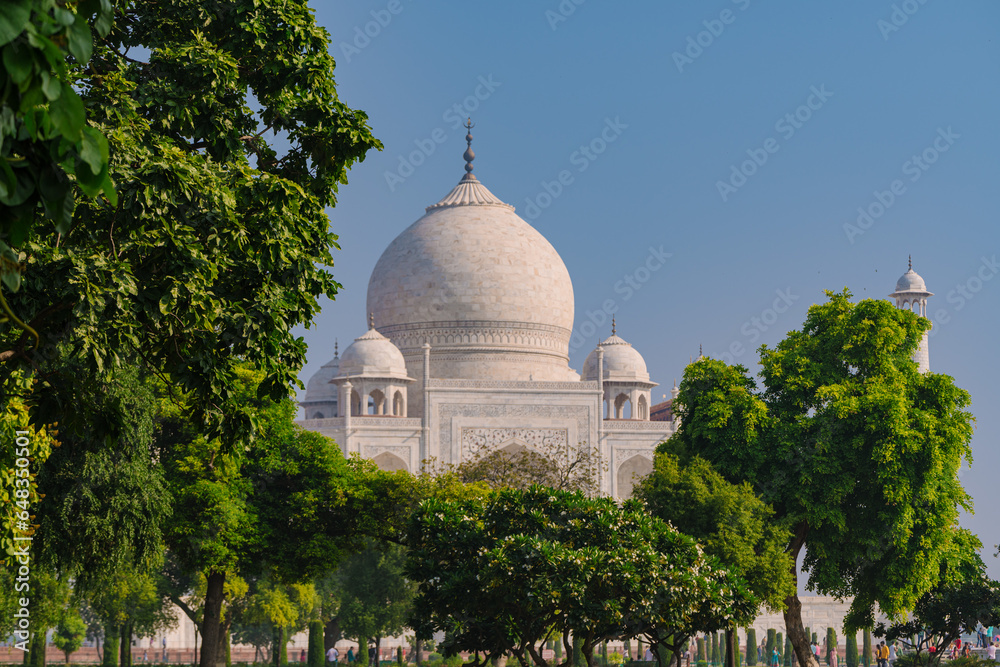 Taj Mahal historical monument at Agra India with clear blue sky and sprawling garden. An example of Mughal Indian architecture built on the Yamuna river banks.