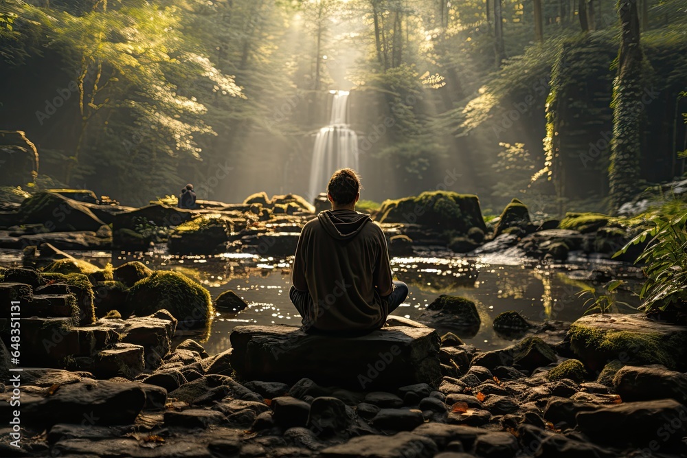 a meditating person in the forest with morning sunlight streaming through a meditating person in the forest with morning sunlight streaming through