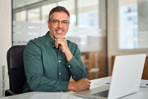 Smiling older professional business man executive ceo manager sitting at work desk with laptop, mature mid aged european businessman entrepreneur investor posing at workplace in office, portrait.