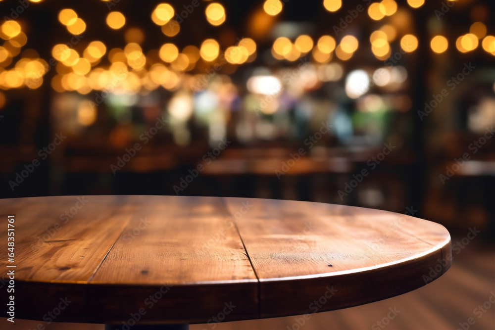 Close Up of Empty Circular Wooden Table in a Bar, Blurred Background with Bokeh Lights for Food and Drink Mockups, Generative AI Close Up of Empty Circular Wooden Table in a Bar, Blurred Background with Bokeh Lights for Food and Drink Mockups, Generative AI