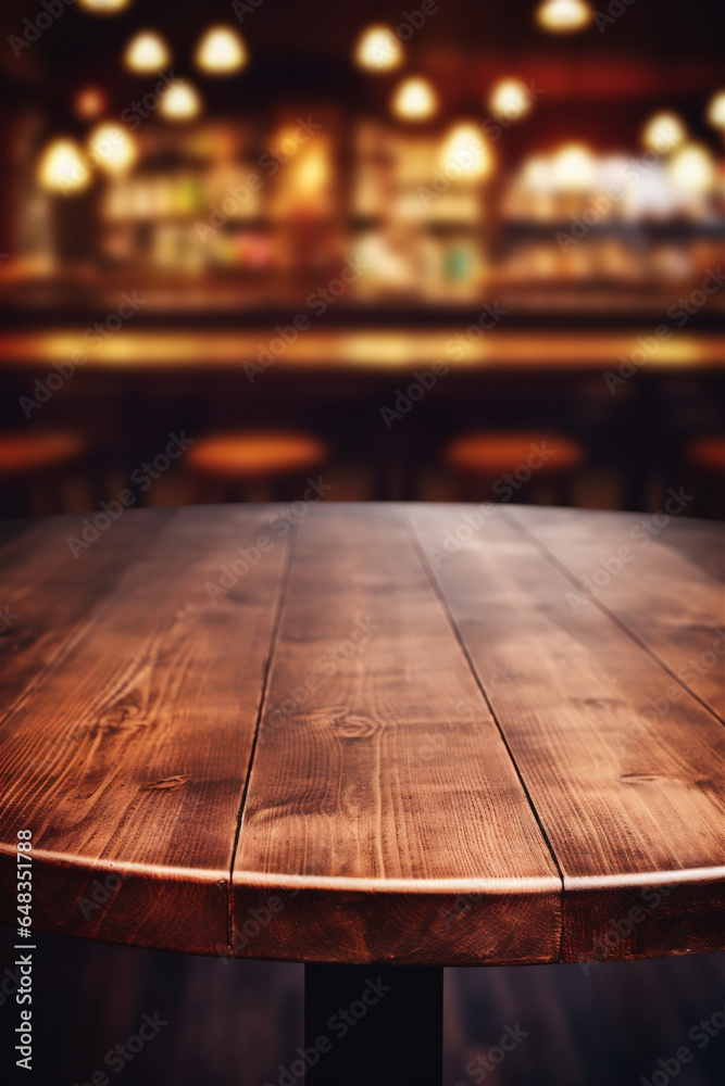 Close Up of Empty Circular Wooden Table in a Bar, Blurred Background with Bokeh Lights for Food and Drink Mockups, Generative AI