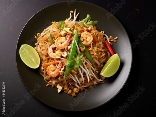 Pad Thai is stir-fry dish made with rice noodles, shrimp, chicken, or tofu, peanuts, a scrambled egg and bean sprouts.