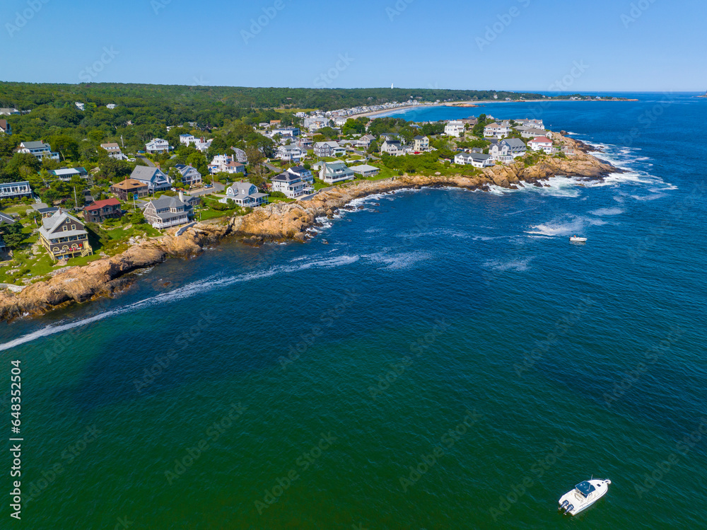 Aerial view of historic waterfront buildings next to Good Harbor Beach in Gloucester, Cape Ann, Massachusetts MA, USA.