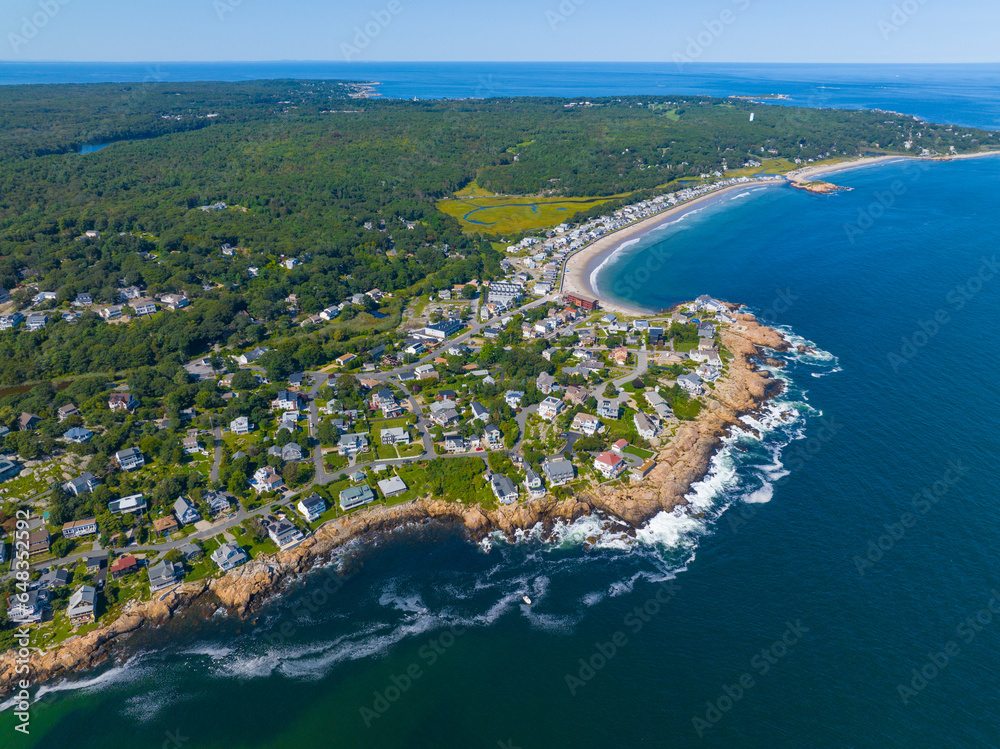 Aerial view of historic waterfront buildings next to Good Harbor Beach in Gloucester, Cape Ann, Massachusetts MA, USA. - obrazy, fototapety, plakaty 