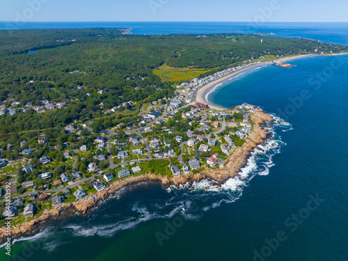 Aerial view of historic waterfront buildings next to Good Harbor Beach in Gloucester, Cape Ann, Massachusetts MA, USA. photo