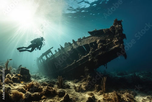 Wreck of the ship with scuba diver © Virtual Art Studio