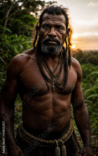 photo of savage barbaric tribal in the jungle , generative AI