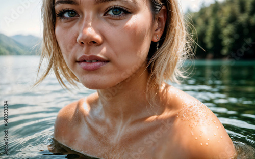 close up photo of woman submerged in water lake, generative AI © Flash