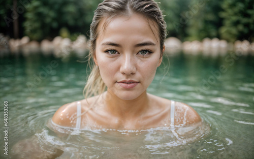 close up photo of woman submerged in water lake, generative AI