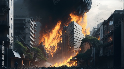炎に包まれる街、ビル火災｜City engulfed in flames, building fire. Generative AI
