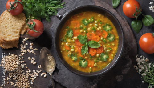 Sopa de Lentilhas: Uma sopa nutritiva feita com lentilhas, vegetais (como cenoura, aipo e cebola), alho, tomate e temperos, como cominho e coentro. photo