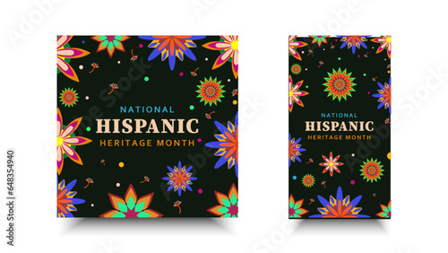 Hispanic heritage month. Abstract floral ornament social media design, retro style with text