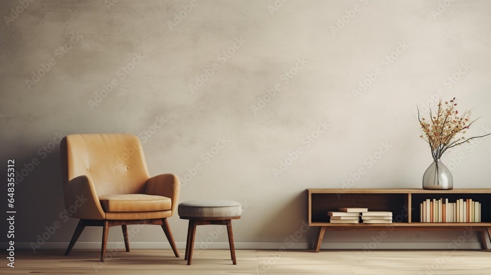 Generative AI : Stylish scandinavian composition of living room with design armchair, black mock up poster frame, commode, wooden stool, book, decoration, loft wall and personal accessories in modern 