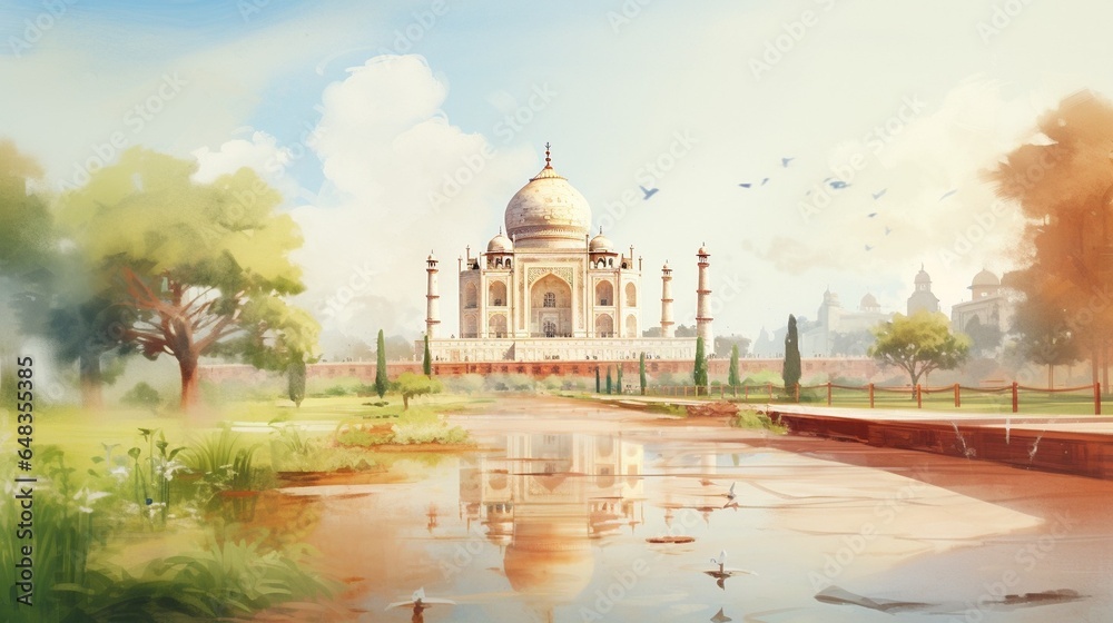 Fototapeta premium Generative AI : Majestic Watercolor: Taj Mahal - An Exquisite Illustration of India's