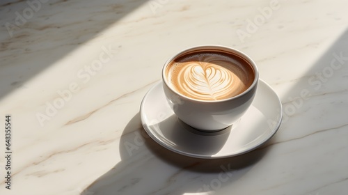 cup of coffee on a kitchen counter top made of white marble