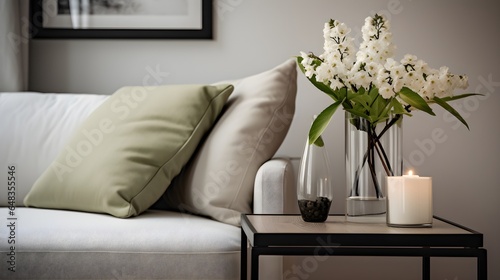 close up of a white sofa and a side table with white flowers in a glass vase