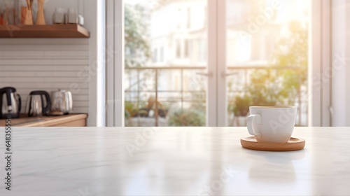 cup of coffee on a kitchen counter top made of white marble