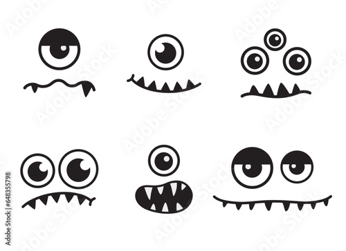 Fototapeta Naklejka Na Ścianę i Meble -  Cute funny halloween monster faces, eyes, mouth with fangs vector illustration set.