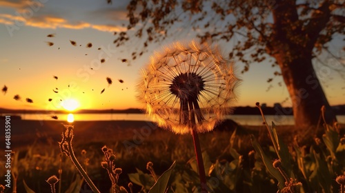 potrait dandelion flower scenery background  sea sunset 