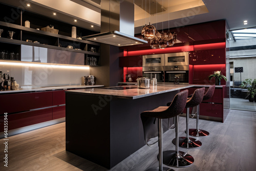 Elegance Redefined: A Modern Kitchen Infused with Striking Maroon Color Accents