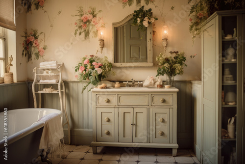 A Delicate Oasis: Step into a Shabby Chic Bathroom adorned with Distressed Furniture and Vintage Floral Wallpaper © aicandy