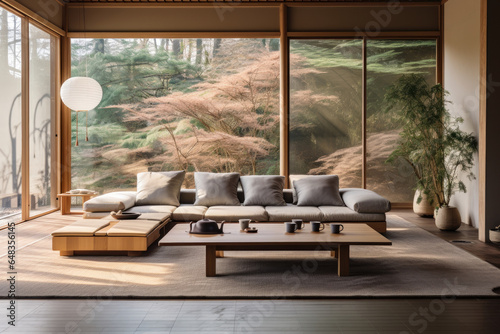 A Serene and Tranquil Japanese Style Living Room Interior with Traditional Tatami Mats, Shoji Screens, and Zen-inspired Decor photo