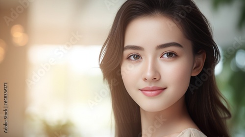 Generative AI   Asian woman with a beautiful face and Perfect clean fresh skin. Cute female model with natural makeup and sparkling eyes on white isolated background. Facial treatment  Cosmetology  be