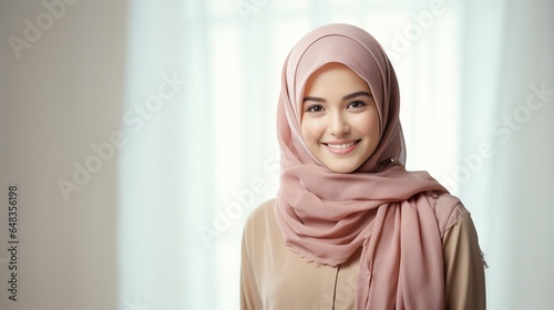 Generative AI : A portrait of young smiling muslim woman wearing a pink hijab over white background studio.