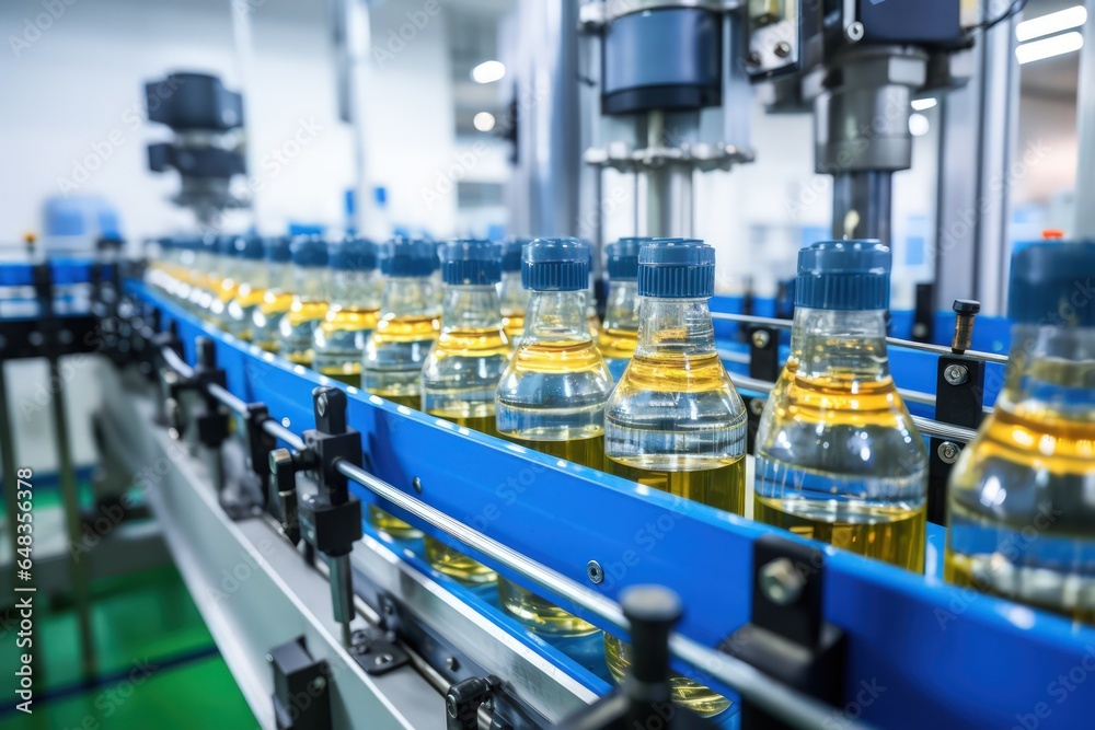 Glass brown bottles of beer on conveyor belt with light, concept brewery plant production line, beer bottling factory Glass brown bottles of beer on conveyor belt with light, concept brewery plant production line, beer bottling factory
