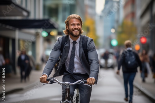 Smiling young Scandinavian man riding a bicycle on a road in a city street. Cycling commuter. Blurry urban background. © Stavros