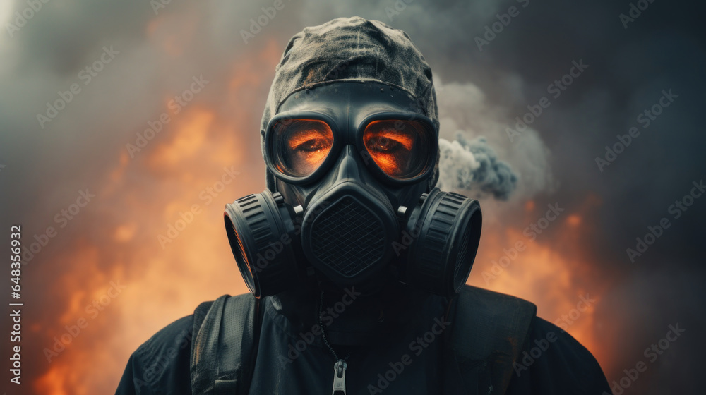 A man in a gas mask against the smoke A man in a gas mask against the smoke
