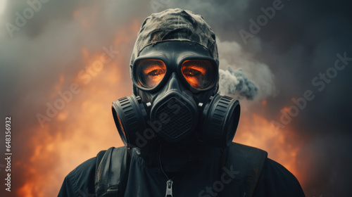 A man in a gas mask against the smoke