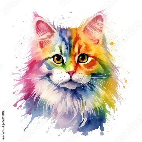 Cute watercolor cat in rainbow colors  isolated illustration on white background