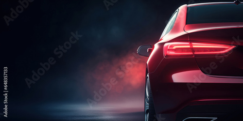 Minimal copy space, edge of red car, close up bokeh photoshoot for dark background product advertising