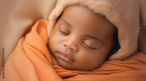 Sleeping african american baby on orange background photo