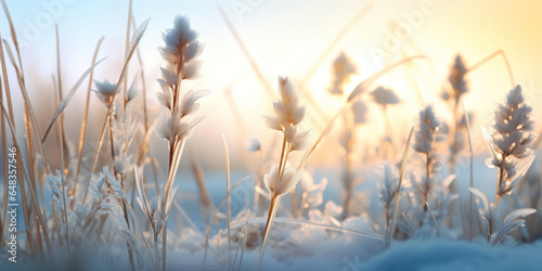 Snowflakes frost on grass with brown lupine, herbs and wheat field © tashechka
