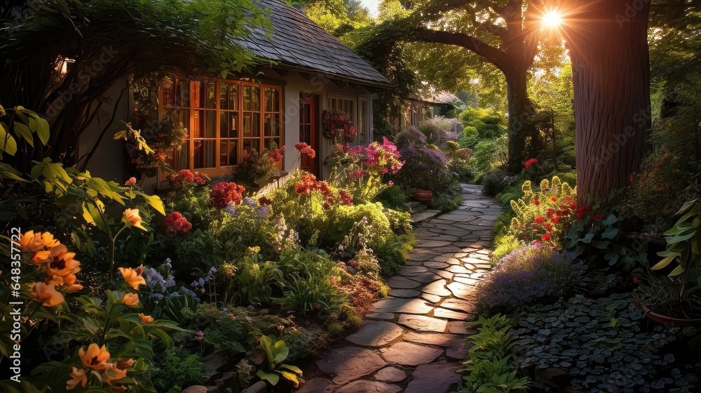 A Cottage Oasis Amidst Wild Home Garden and Pathway. Generative AI 2