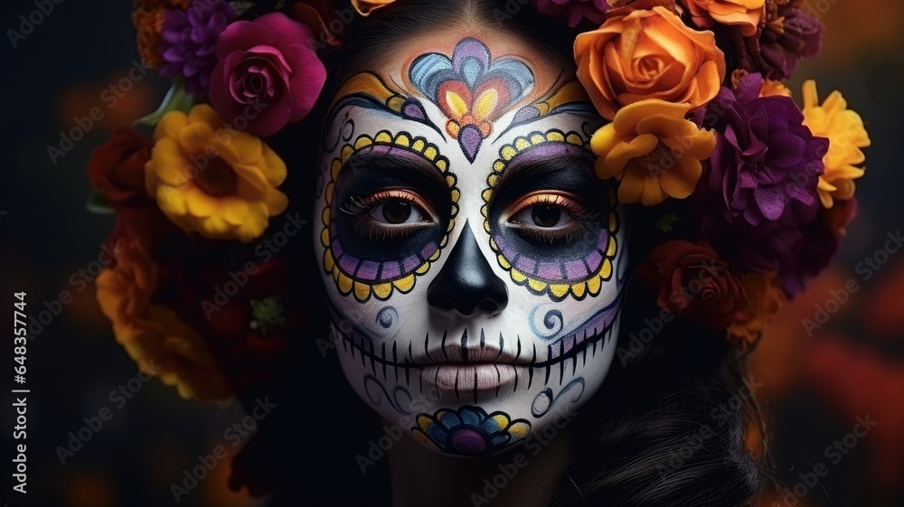 Portrait of a woman in Day of the Dead festival with flowers decorating background.