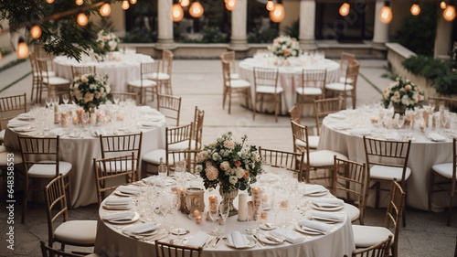 A wedding reception with tables and chairs, table set up for wedding reception, Generative AI