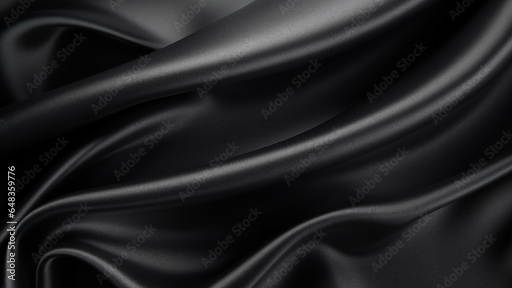 Fototapeta premium Shiny black fabric background, smooth black silk background, black fabric texture, Generative AI